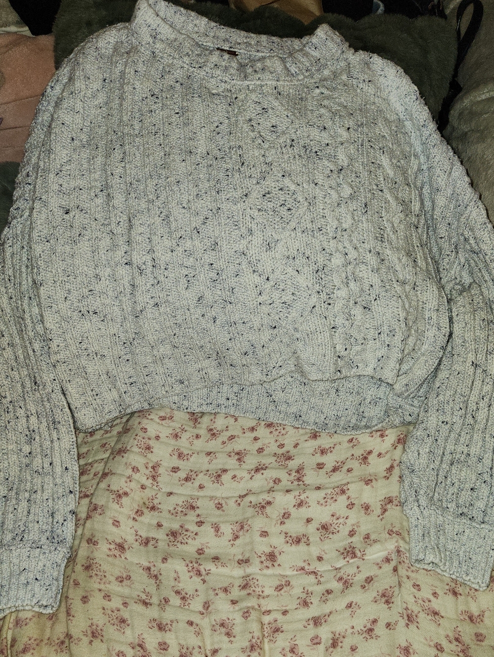 Free People Speckled Light Gray Cable Crew Sweater